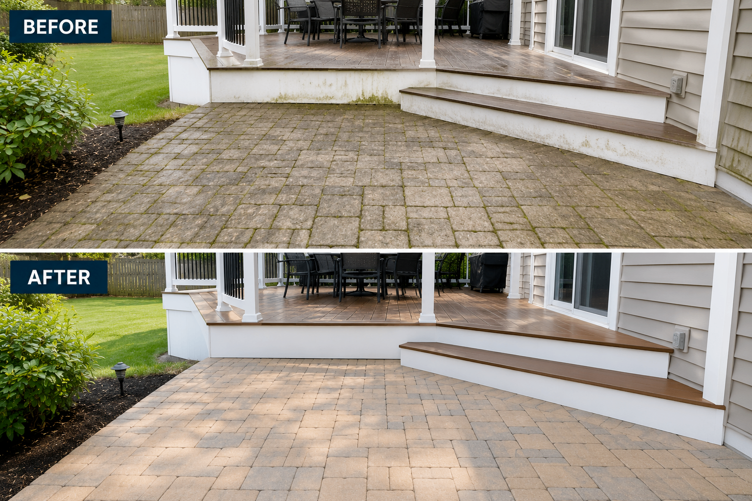 Before and after of a paver patio and deck base: heavy moss, algae, and staining on top; bright restored pavers and clean white deck skirt on the bottom.